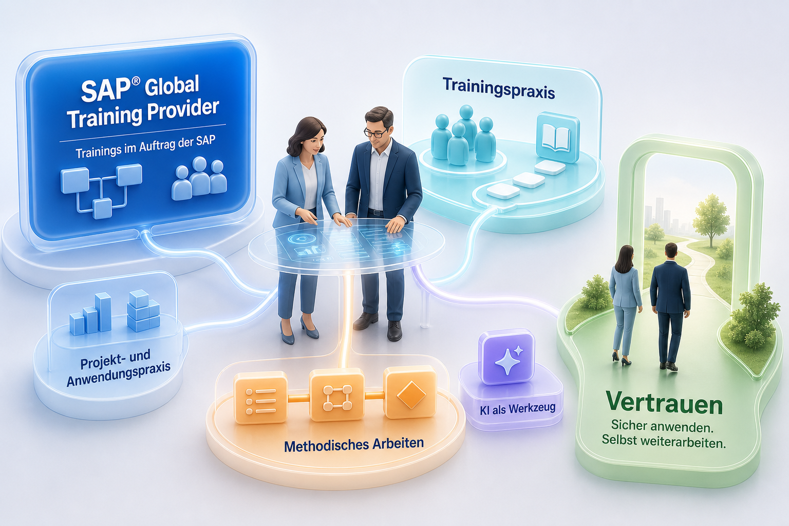 Vertrauen aus SAP® Global Training Provider, Trainingspraxis, Projekt- und Anwendungspraxis sowie methodischem Arbeiten. KI dient als unterstützendes Werkzeug, damit Menschen sicher anwenden und selbst weiterarbeiten.